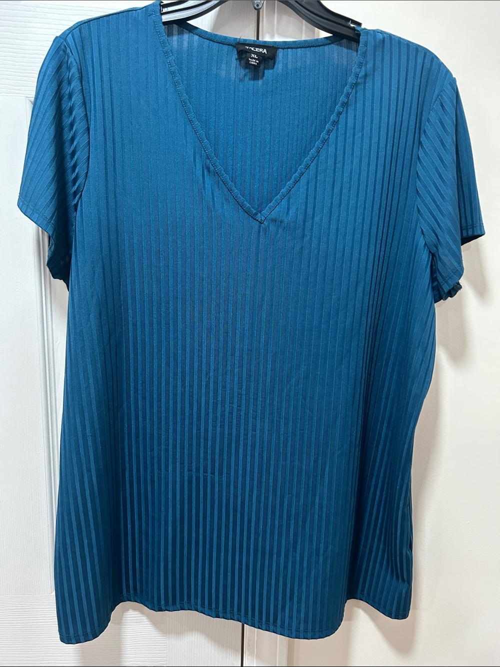 Tacera Teal Ribbed V-Neck Short Sleeve Top